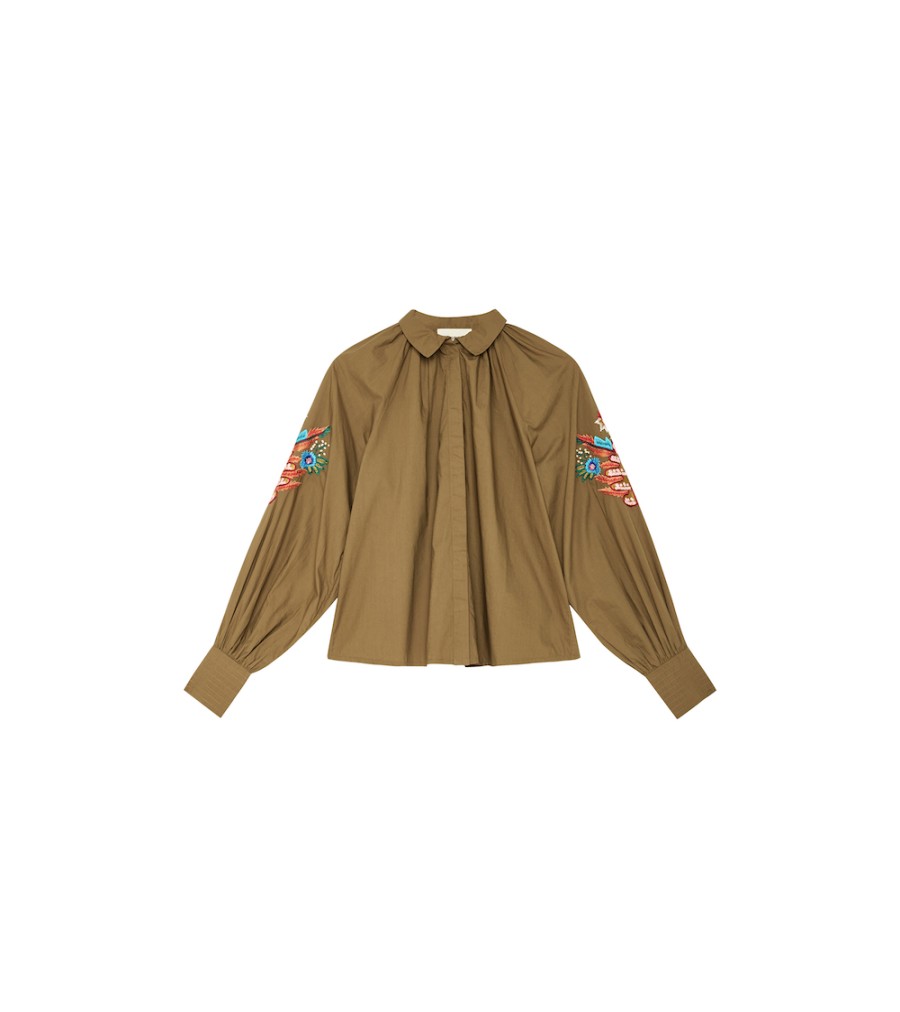 New Fall Winter Collection V.De.Vinster | Lily Kaki Blouse With Embroideries Sleeves