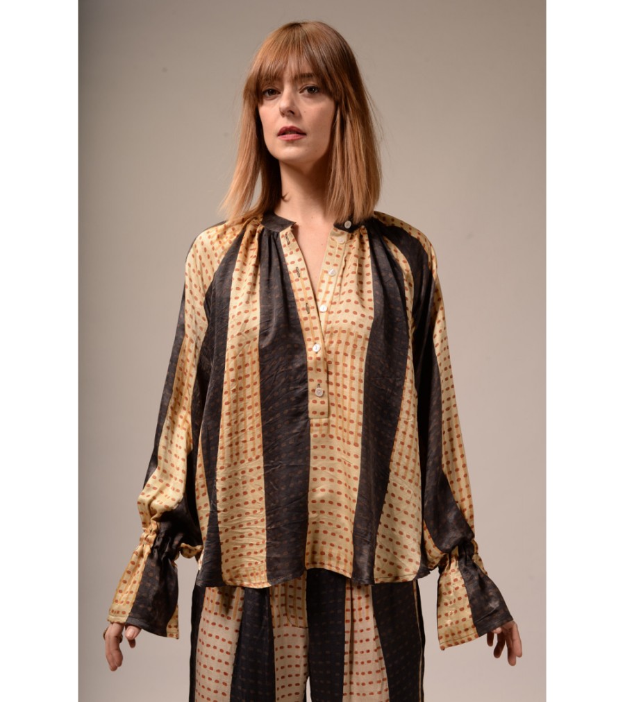 Summer Archives V.De.Vinster | Ajrak Silk Stripe Beige Blouse