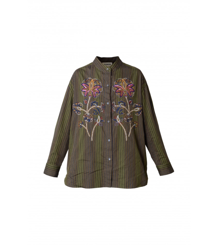 New Fall Winter Collection V.De.Vinster | Billie Flower Embroideries And Kaki Striped Blouse