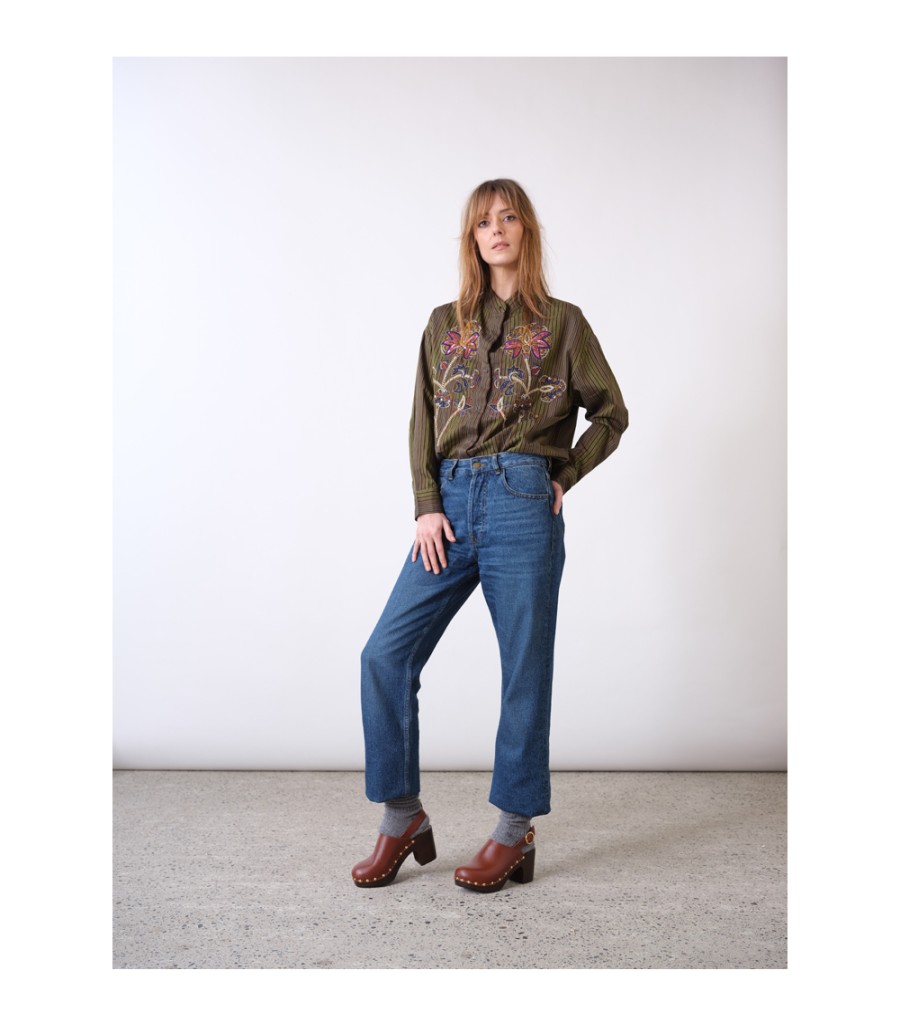 New Fall Winter Collection V.De.Vinster | Billie Flower Embroideries And Kaki Striped Blouse